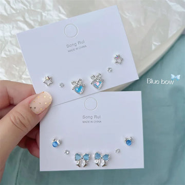 DAIIIBABYYY  -  Y2K Blue Colorful Bow-knot Heart Shape Rhinestone Stud Earrings Set Women Korean Fashion Cute Earring Jewelry brincos